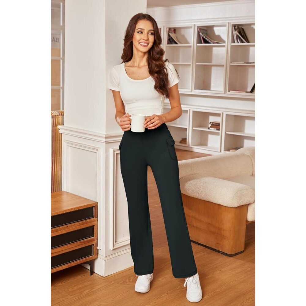 Women's Coal Black Casual High Waist Straight Leg Imported Stretchy Button Pants - Picture 5 of 6